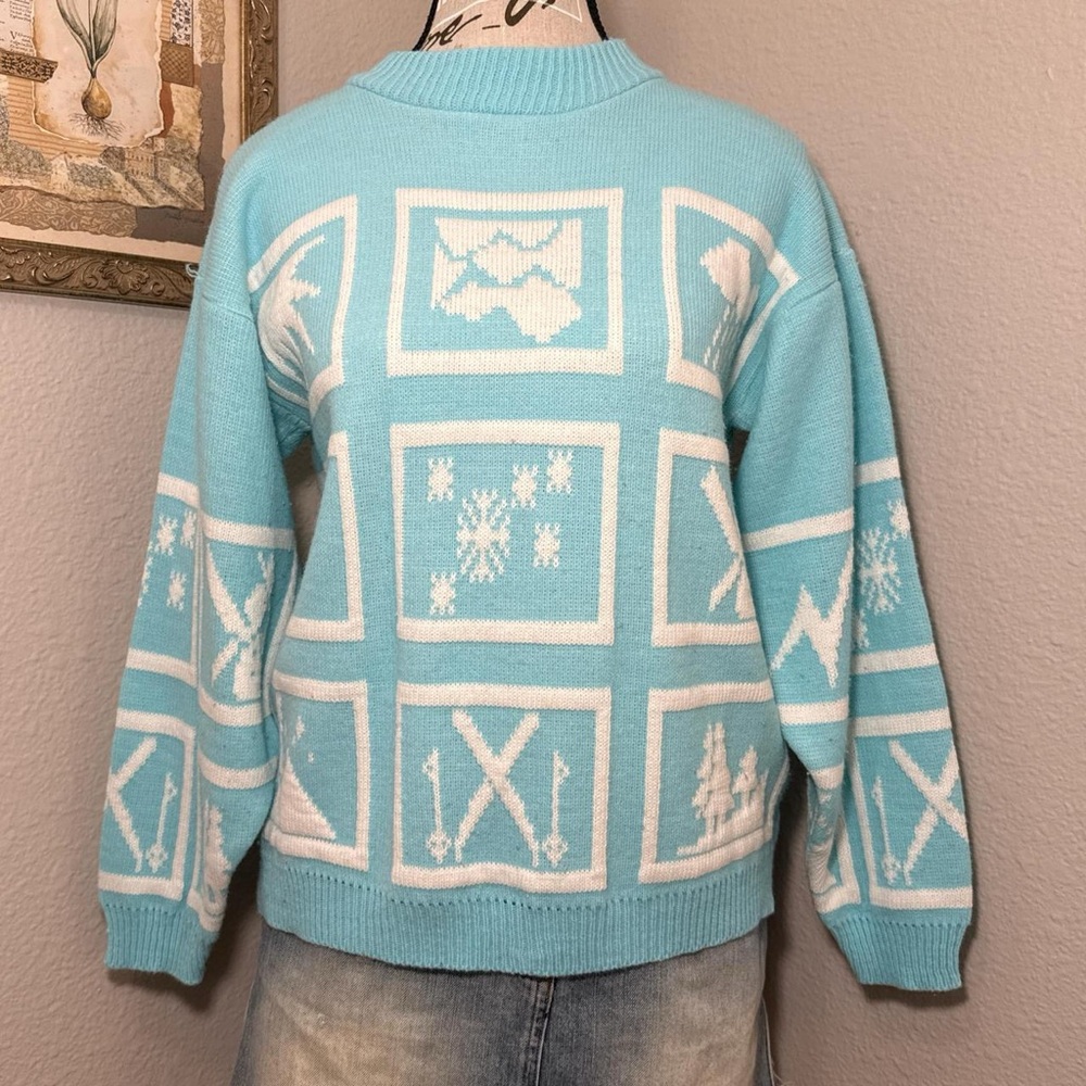 90's Vintage Baby Blue Winter Graphic Knit Sweater